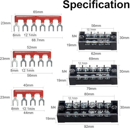 MILAPEAK Terminal Block and Strip - 6 Sets 4/5/6 Positions 600V 25A Dual Row Wire Screw Terminal Strip Block with Cover + 400V 25A Pre-Insulated Terminals Barrier Strips Jumpers (Black & Red)