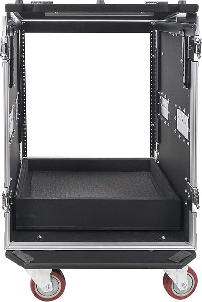 Sound Town 14U PA DJ Pro Audio Rack/Road ATA Case with 2U Drawer, 11U Slant Mixer Top, DJ Work Table, Casters, Pro Tour Grade (MR-DR14UT)