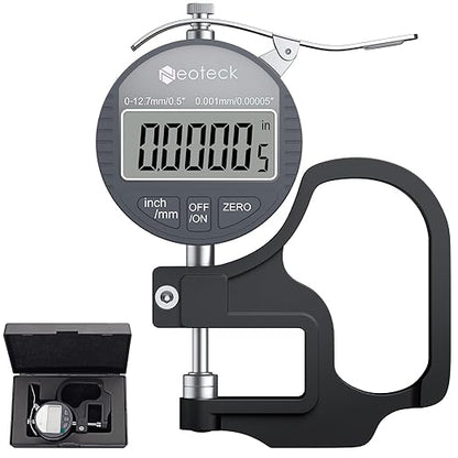 Neoteck Digital Thickness Gauge 0.5inch/12.7mm,0.00005inch/0.001mm LCD Display with Inch/MM Conversion One-Hand Quick Press Thickness Measuring Tool for Leather Paper Fabric Film etc.-Silver-Grey