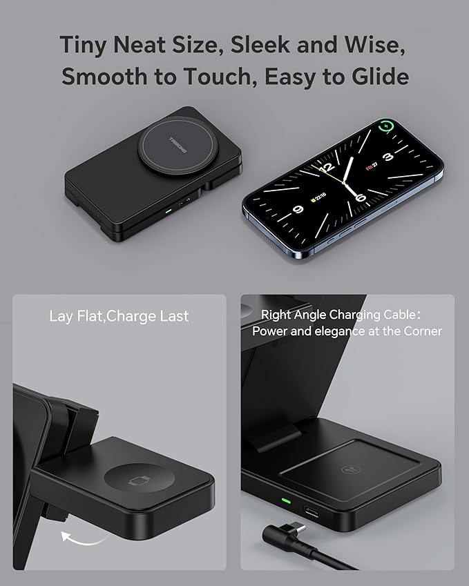 3 in 1 Charging Station for iPhone 16 15 14 13 12 Series, Wireless Charger for Apple Watch，Travel Magnetic Charging Stand for AirPods (Black)