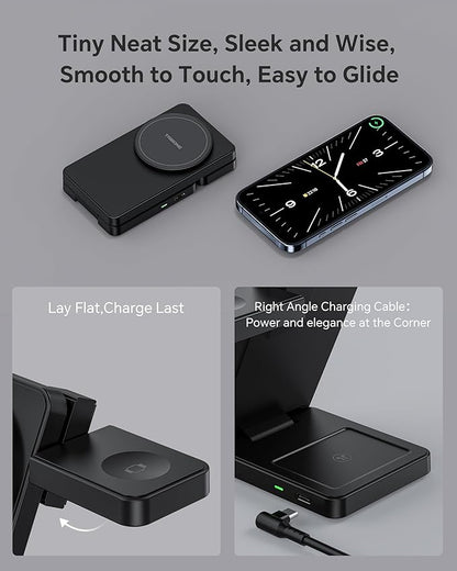 3 in 1 Charging Station for iPhone 16 15 14 13 12 Series, Wireless Charger for Apple Watch，Travel Magnetic Charging Stand for AirPods (Black)