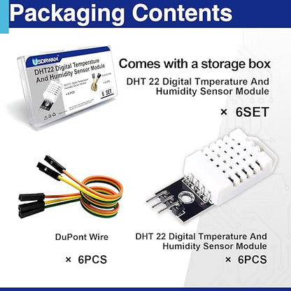6 Set Digital Temperature and Humidity Sensor Modules, Compatible with DHT22/AM2302, 3.3V–5V Sensors for Arduino with Dupont Wires