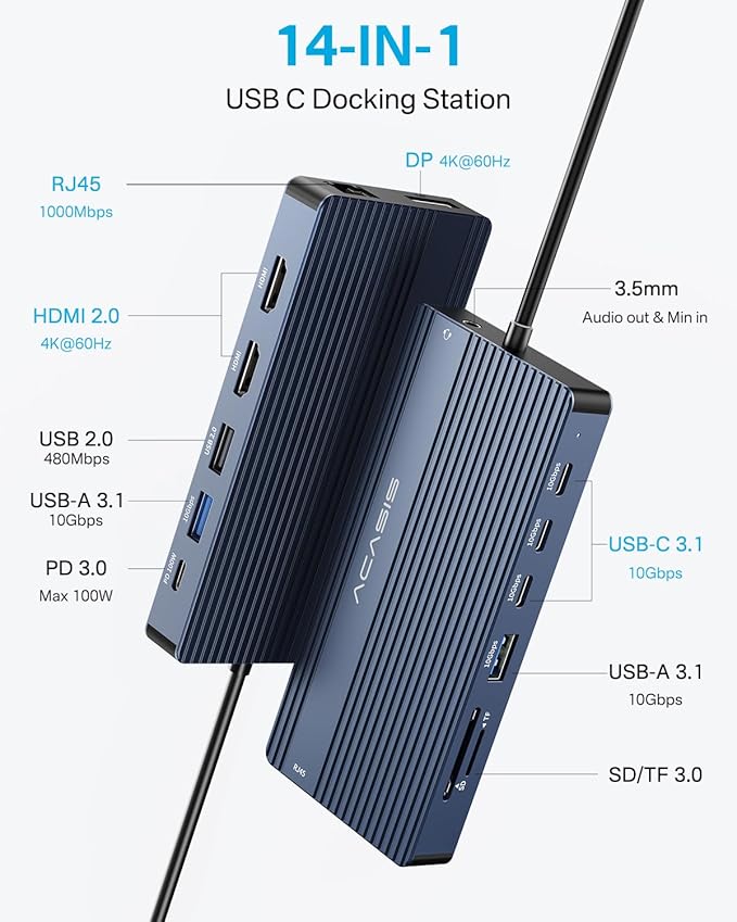 USB C Hub 14-1 USB C Docking Station Dual Monitor, with 2 HDMI+DP(4K60Hz), Ethernet, 3 USBC 10Gbps,100W PD, SD/TF 3.0, Audio, Laptop Docking Station for MacBook/Dell/HP/Lenovo ThinkPad/Surface (Grey)