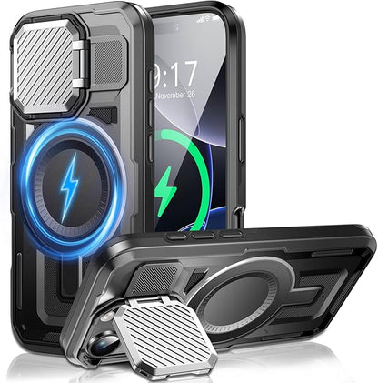 Camera Stand Case for iPhone 16 Pro, [Compatible with MagSafe] [Lens Cover] 2024 Version Military Grade Protective Soft Case for iPhone 16 Pro 6.3 inch Men Women, Black