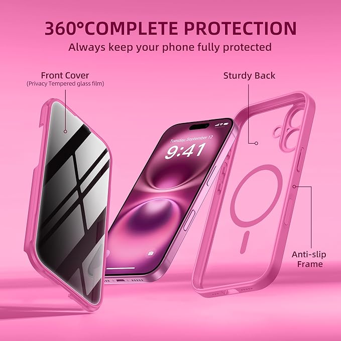 BERFY Magnetic for iPhone 16 Plus Case, Compatible with MagSafe, Built-in Privacy Screen Protector and Upgraded Camera Protection, Anti-Spy Full Body Shockproof Phone Case for 16 Plus 6.7", Peony