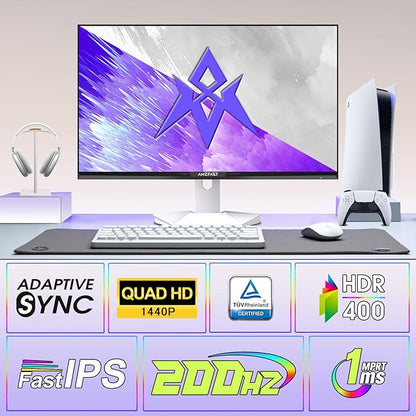 Amzfast 27 inch 1440P 200Hz/180Hz White Gaming Monitor, 2K QHD (2560 ×1440),MPRT 1ms Fast IPS | HDR400 & TÜV Rheinland Eye Care & 12 Months Exchange (HDMI & DP Cable)
