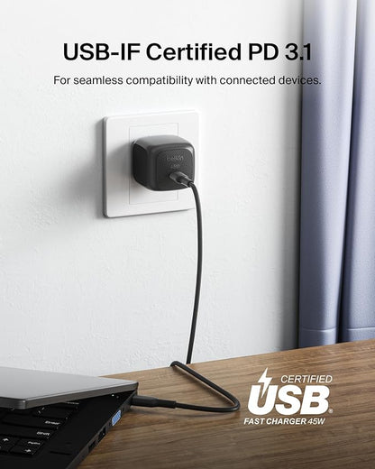 Belkin USB C Charger Block 45W (2 Pack) - USB C Cable Included - PD3.1 PPS Fast Charging - Samsung Galaxy S25, S24, S23, S22, Apple iPhone 16, iPhone 15, Google Pixel 9, Nintendo Switch, etc - Black