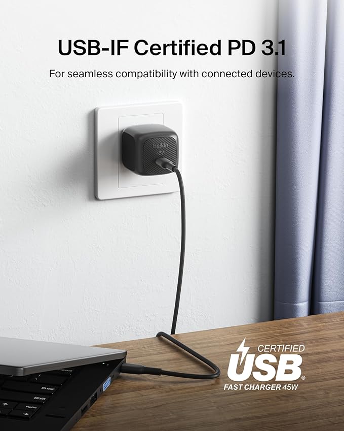 Belkin USB C Charger Block 45W - PD3.1 PPS Super Fast Charging - Samsung Galaxy S25, S24, S23, S22, Apple iPhone 16, iPhone 15/14/13 Plus, Pro, Pro Max, Google Pixel 9, Nintendo Switch, etc - Black