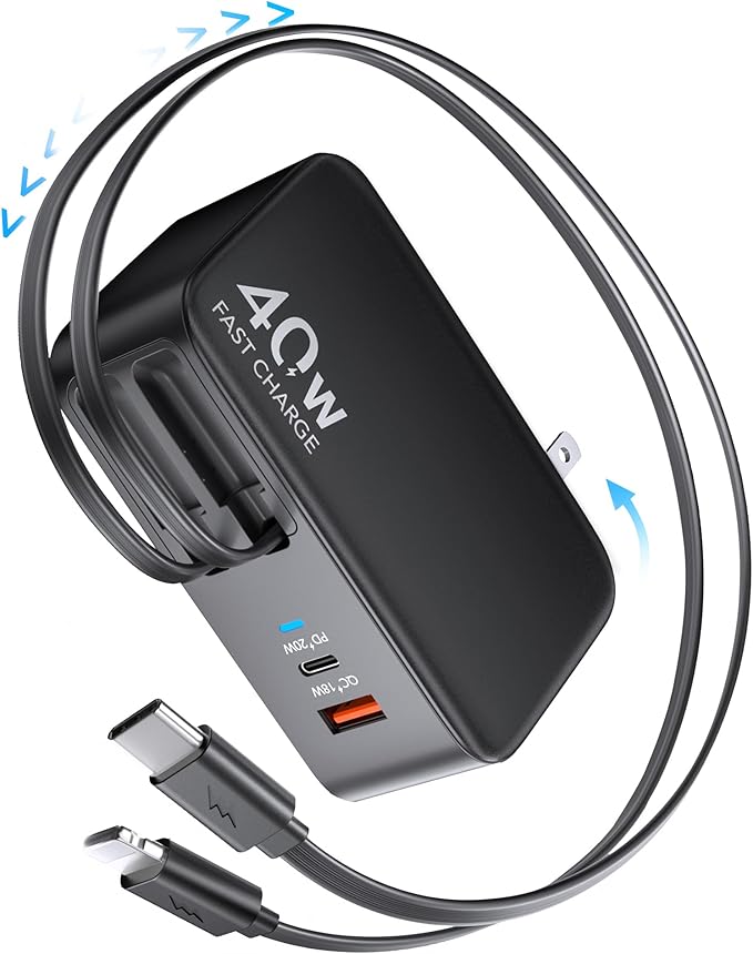 4-in-1 Retractable Gan Wall Charger Plug,Travel Essentials Brick Multiport USB Ports,3ft Lightening and Type c Cables,40W Multi Fast Charging Foldable Block for iPhone 16/15/14/13,iPad,Galaxy,Pixel
