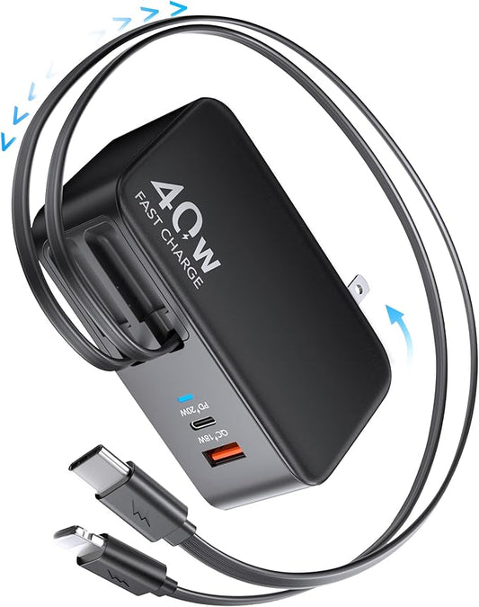 4-in-1 Retractable Gan Wall Charger Plug,Travel Essentials Brick Multiport USB Ports,3ft Lightening and Type c Cables,40W Multi Fast Charging Foldable Block for iPhone 16/15/14/13,iPad,Galaxy,Pixel