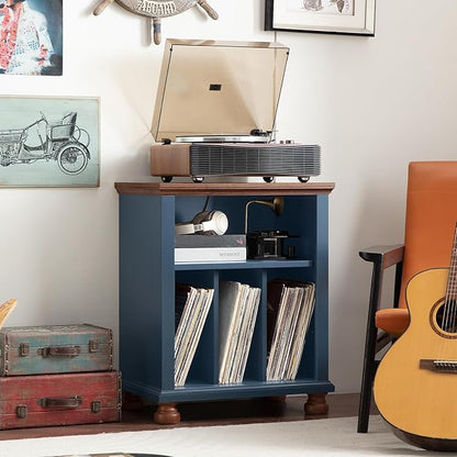 Joaxswe Record Player Stand with Charging Station Up to 200 Albums, 24" Wide Mid-Century Record Player Table with Vinyl Record Storage,Large Wood Turntable Stand Dispaly Cabinet for Living Room,Blue