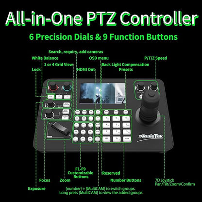 Zowietek PTZ Controller 7D Joystick Keyboard, ZowieKBD, 5'' LCD Quad-Screen Real-time Preview Display, HDMI Output, Automatic Camera Detection, Group Control, Tally, VISCA/PELCO, Non-NDI Model