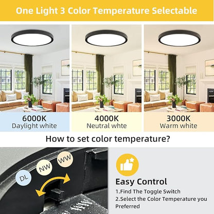 RLEDPZTX Led Flush Mount Ceiling Light,16 Inch 32w 3480lm,3000k/4000k/6000k 3CCT Selectable, Round Modern Flat Panel Super Slim Led Ceiling Light,for Living Dining Kitchen Bedroom Room (1Pack-Black)