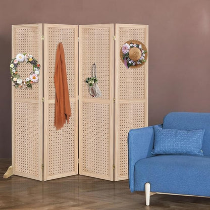 Bonnlo 4 Panel Pegboard Freestanding, 5 FT Portable Display Board Organizer for Craft Show Jewelry, Wooden Folding Privacy Screen Room Divider (with Base, Natural)