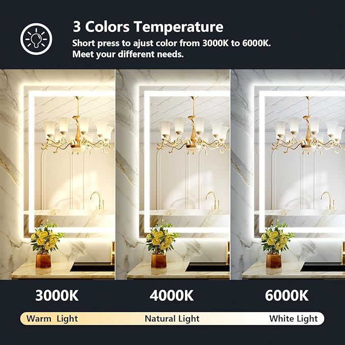 YEELAIT 50x36 Inch LED Bathroom Mirror with Lights Front and Backlit Lighted Vanity Mirror for Bathroom Wall with 3 Colors Dimmable Anti-Fog Memory Shatter-Proof IP54 Waterproof Horizontal/Vertical