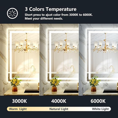 YEELAIT 44x30 Inch LED Bathroom Mirror with Lights Front and Backlit Lighted Vanity Mirror for Bathroom Wall with 3 Colors Dimmable Anti-Fog Memory Shatter-Proof IP54 Waterproof Horizontal/Vertical