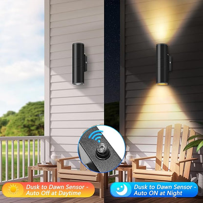 RIDALUX Dusk to Dawn Outdoor Wall Lights: 2 Pack Sensor Waterproof Cylinder Up Down Lights - Aluminum Modern Outdoor Wall Sconce for Porch Patio
