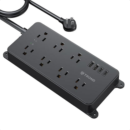TROND Power Strip Surge Protector 10ft, ETL Listed, Flat Plug Extension Cord with 2 USB-A & 2 USB-C, Wall Mountable, 7 Widely-Spaced Outlets, 1700J, for Home Office Garage, Black