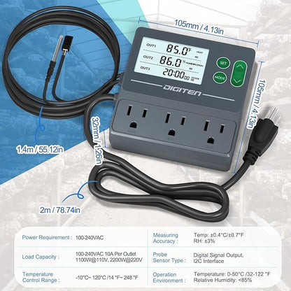 DIGITEN Temperature and Humidity Controller with Timer - 3 Outlet, 2 Separate Probes, Plug in Temperature Controller for Reptiles,Snake, Mushrooms, Tent, Triple Control for Temp,Humidity,Time