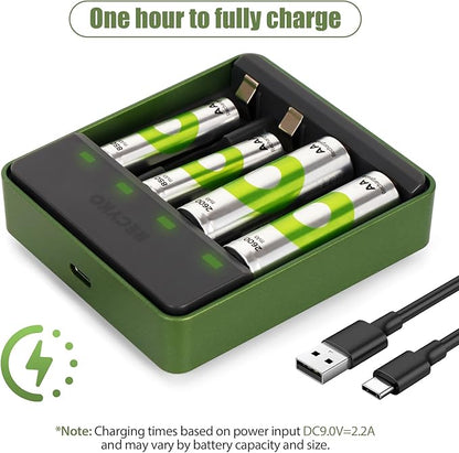 RECYKO AA AAA NiMH Battery Charger, 4 Individual Bay Charger for Nickel Metal Hydride Rechargeable Batteries, Type-C Connection, PD Compatible, Fast 1-Hour Charging, Safety Protection & Auto Cut-Off