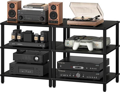 LELELINKY 3-Tier AV Media Player Stand Set of 2, Black Stereo Cabinet, Wooden TV Stand,Game Console Shelf, Multifunctional Entertainment Center, Suitable for Home, Conference Room, Game Studio