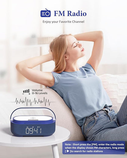 COLSUR Bluetooth Speaker Alarm Clock with Wireless Charger, FM Radio, Adjustable LED Night Light, 6 in 1 Bedroom Portable Speaker 2500mAh, Phone Stand for Bedside, Home, Office, Gift (Blue)