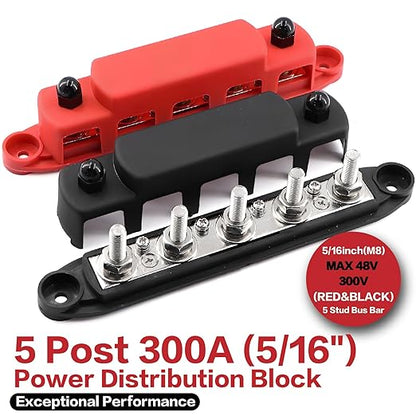 Tuijodaix 300A Bus Bar 5 Post 12V-48V DC Power Distribution Block,5 * 5/16"(M8) Battery Terminal Studs with Cover and Wire Lugs for Wiring,Automotive,Marine,Battery busbar (Red&Black)