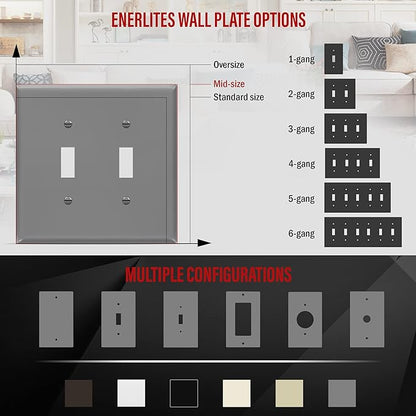 ENERLITES Double Light Switch Wall Plate, Toggle Switch Plate, Gloss Finish, 2-Gang Mid-Size 4.88" x 4.92", Unbreakable Polycarbonate Thermoplastic, UL Listed, 8812M-GY, Gray