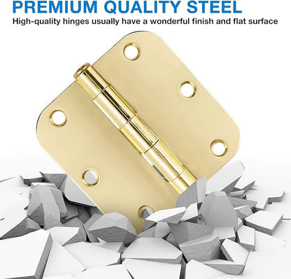 18 Pack Interior Door Hinges Polished Brass 3.5 inch X 3-1/2" 5/8 Radius,3 ½"Gold Round Standard Hinge for Single Doors DIY Assembly Bi-fold Table Hardware Kit House Accessories Home Eseentials