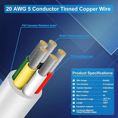 20 Gauge 5 Conductor Electrical Wire, 100FT Low Voltage 20/5 Tinned Copper Stranded 5 Wire Cable, 20 AWG White Flexible Extension Power Cord for Sprinkler, Thermostat, Speaker, Irrigation, Automotive