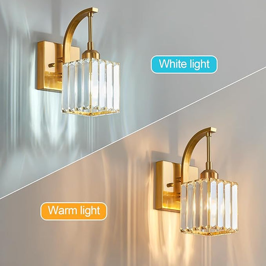 FDPBY Wall Sconces, Set of 2 Gold Crystal Vanity Lights, Modern Wall Lamp for Bathroom, Hallway, and Makeup, Easy Installation