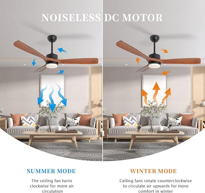 revoici 52 Inch Solid Wood Ceiling Fans With Lights, Low Profile Ceiling Fan with Light and Remote, Reversible DC Motor, Indoor Outdoor 3 Blade Ceiling Fan Light for Bedroom Living room Farmhouse