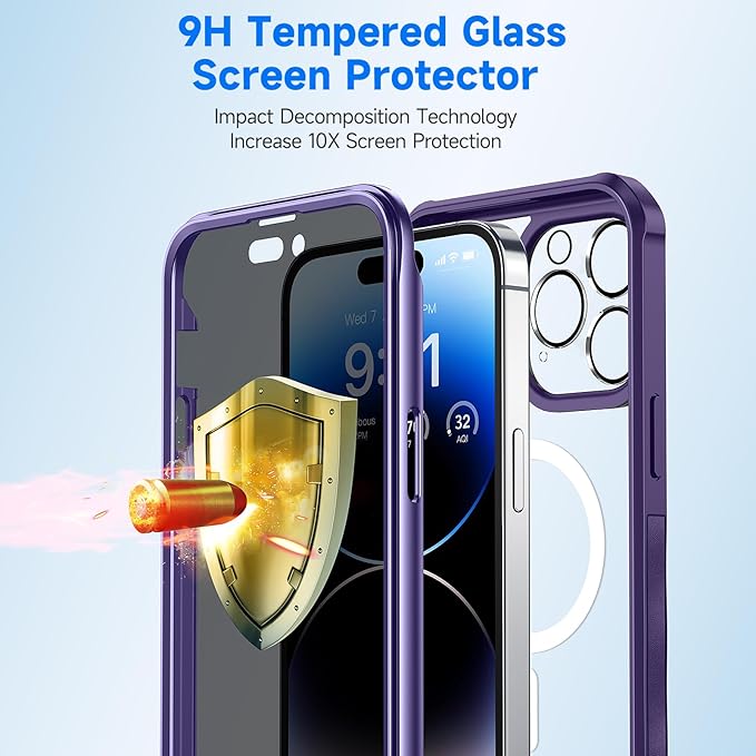 seacosmo for iPhone 14 Pro Case, Full Body Bumper with Built-in 9H Tempered Glass Privacy Screen Protector and Camera Lens Protector, Compatible with MagSafe, Shockproof Phone Case, 6.1", Purple