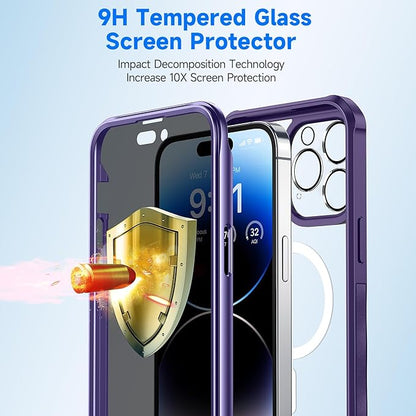 seacosmo for iPhone 14 Pro Case, Full Body Bumper with Built-in 9H Tempered Glass Privacy Screen Protector and Camera Lens Protector, Compatible with MagSafe, Shockproof Phone Case, 6.1", Purple