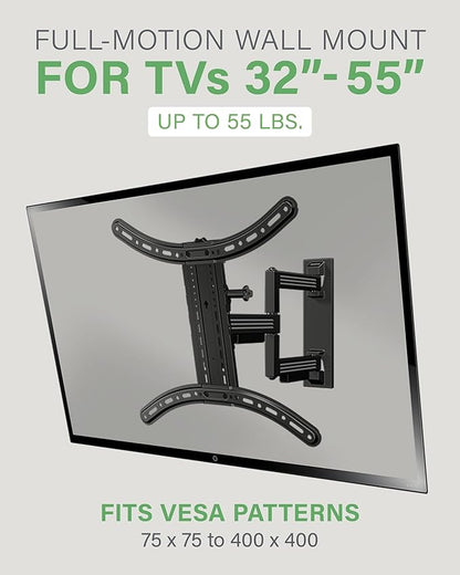 SANUS Full Motion TV Mount - Single Stud 32 to 55 inch TV Wall Mount Tilts, Extends & Swivels - Easy DIY Install Includes All Hardware & Post Install Leveling - Great for Corners