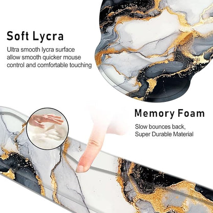 Keyboard Wrist Rest and Mouse Pad Wrist Support Set with Coasters,Non-Slip PU Base Ergonomic Gaming Mousepad for Home Office Working Studying Easy Typing & Pain Relief,Black Gold Marble