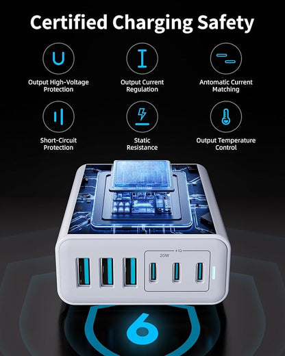 USB C Fast Charger, 105W GaN 6-Port Desktop USB Charging Station Hub, USB C Charger Block Wall Charger for iPhone 17/16/15/14/13/12/11, iPad, Samsung and More (Cable Organizer Included)