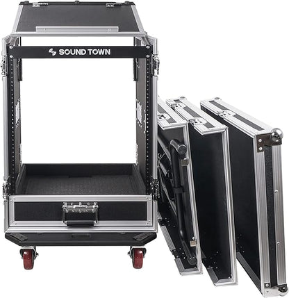 Sound Town 14U PA DJ Pro Audio Rack/Road ATA Case with 2U Drawer, 11U Slant Mixer Top, DJ Work Table, Casters, Pro Tour Grade (MR-DR14UT)
