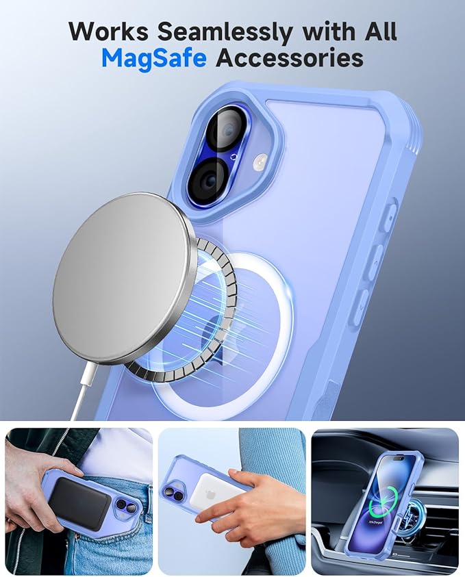 seacosmo for iPhone 16 Plus Case, Full Body Bumper with Built-in 9H Tempered Glass Privacy Screen Protector and Camera Lens Protector, Compatible with MagSafe, Shockproof Phone Cover, 6.7", Light Blue