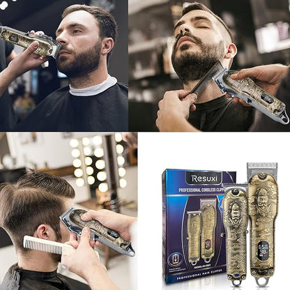 RESUXI Mens Hair Clippers and Trimmers Set,Professional Cordless Barber Clippers Beard Trimmer Hair Cutting Kit, Barber Accessories for Men Grooming Haircut Kit USB Rechargeable Adjustable