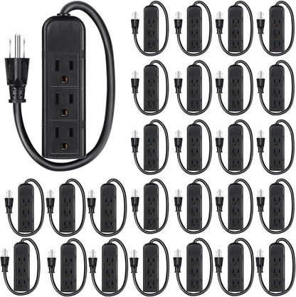 Copkim 36 Pack 3 Outlet Power Strip Extension Cord with Flat Plug Mini Cord 3 Ground Heavy Duty Mountable Outlets Strip for Computer Phone Home Office (1 ft,Black)