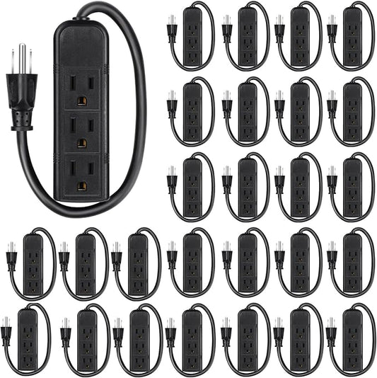 Copkim 12 Pack 3 Outlet Power Strip Extension Cord with Flat Plug Mini Cord 3 Ground Heavy Duty Mountable Outlets Strip for Computer Phone Home Office (1 ft,Black)