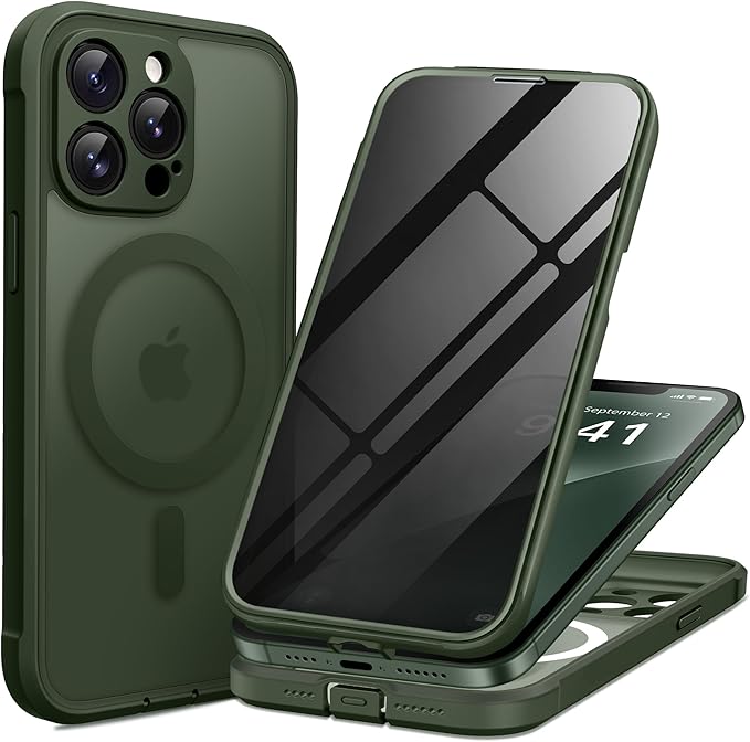BERFY Magnetic for iPhone 13 Pro Max Case, Compatible with MagSafe, Built-in Privacy Screen Protector and Upgraded Camera Protection, Anti-Spy Full Body Shockproof Phone Case for 13 Pro Max 6.7",Green