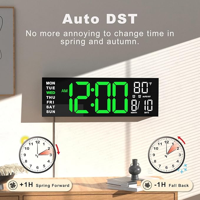 JALL 16" Large Digital Wall Mount Clock, Count Down Timer, Alarm, Big LED, RGB Color, DST, Temperature for Living Room Classroom Desk, Xmas, Birthday Gift for Senior Mom Dad (Green White, 16 inches)
