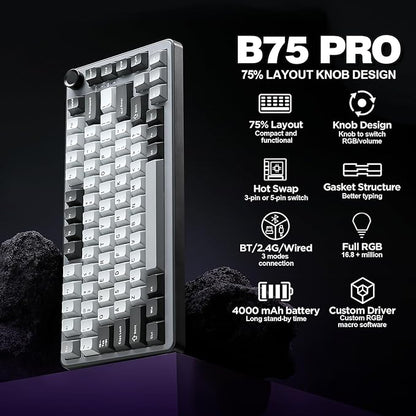 YUNZII B75 PRO Wireless Mechanical Keyboard,75% Layout with Knob,Hot Swap Gasket Structure,Creamy Pre-lubed Switches,RGB Backlit,Bluetooth/Type-C/2.4G for Win/Mac (Dark Grey, Milk Switch)