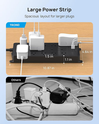 TROND Surge Protector Power Strip, 10ft Heavy Duty Extension Cord with 32W USB C & QC 3.0 Charger, 4000J, ETL Listed, 13 Wide Spaced Outlets, Flat Plug, Wall Mount for Home Office Supplies, Black