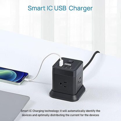 Power Strip with USB C, FDTEK Flat Plug Extension Cord with 4 Outlets and 3 USB Ports 10 FT Desk Power Strip Cube Overload Protection Compact Portable for Travel Home Office Cruise Ship - Black