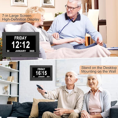 Irednolw Black Clock with Day and Date for Elderly Dementia Patients-Large Number Digital Clocks for Seniors-Digital Calendar Day Clock for Seniors Large with 12 Alarms, Auto Dimming