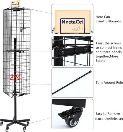 NectaCol Triangular Gridwall Panel Display Stand with Base and Pole, Black Grid Wall Panels with Wheels, Craft Gridwall Display Rack, Art Display Stand, Show Rack, Extra 12pcs Hooks