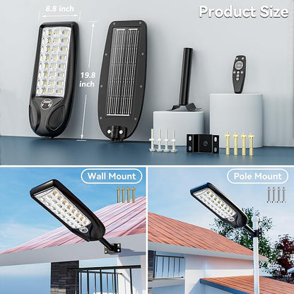 MMKT Solar Lights Outdoor, 8000W 3 Color Solar Street Lights, Commercial Solar Parking Lot Lights Waterproof Dusk to Dawn, Security Flood Lights with Motion Sensor for Yard, Basketball Court